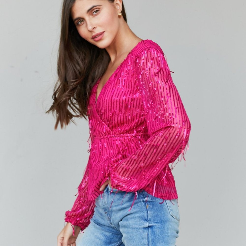 Andree by Unit Full Size Sequined Fringe Peplum Top